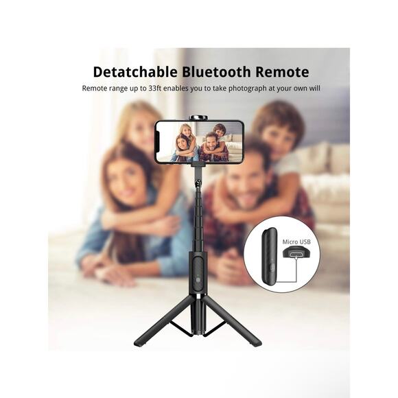 Selfie Stick Tripod, Extendable Aluminum Bluetooth Selfie Stick with Remote - Picture 4 of 7